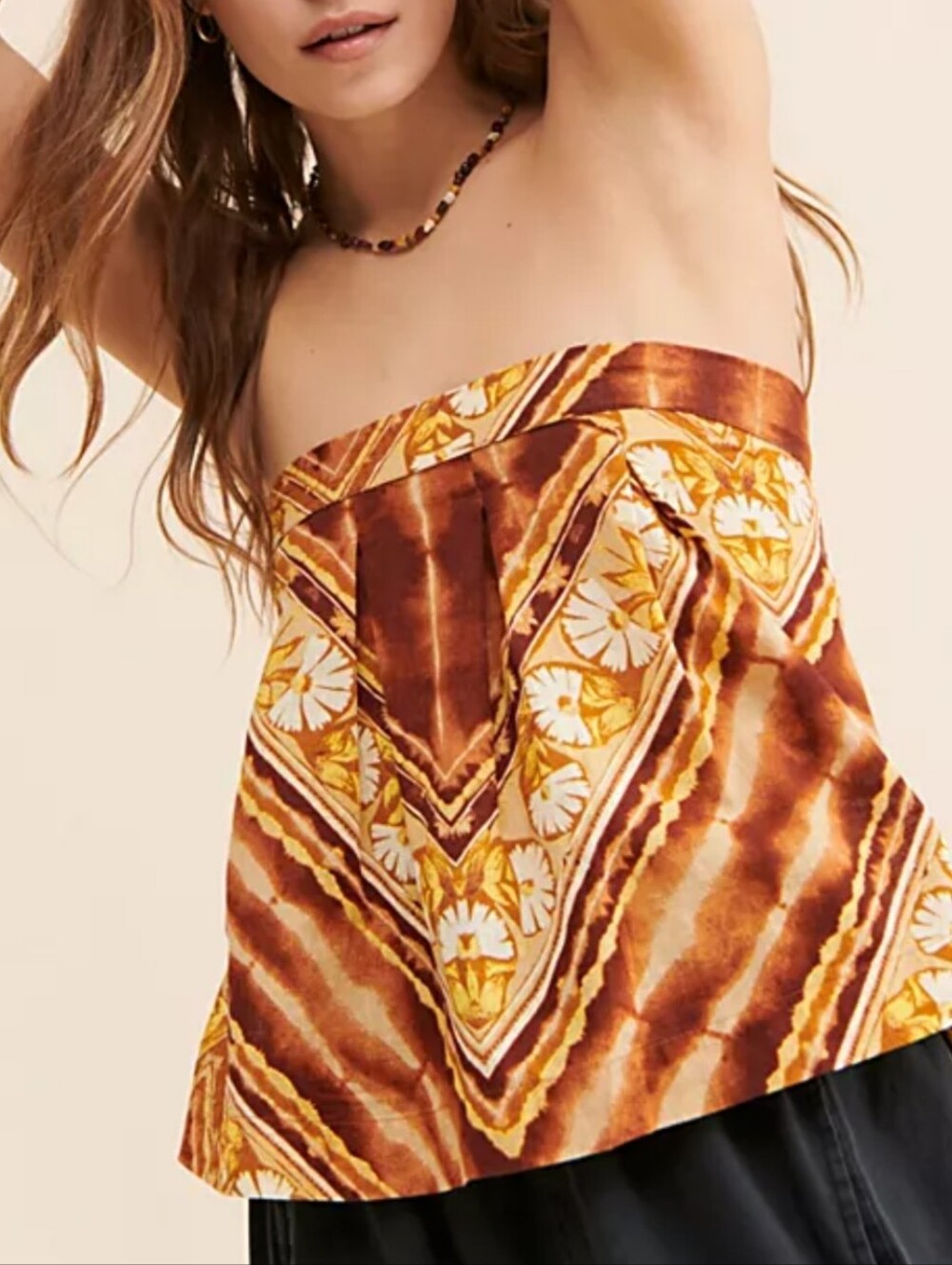 Free People Strapless Kendra Printed Top in Brown & Yellow size S like new